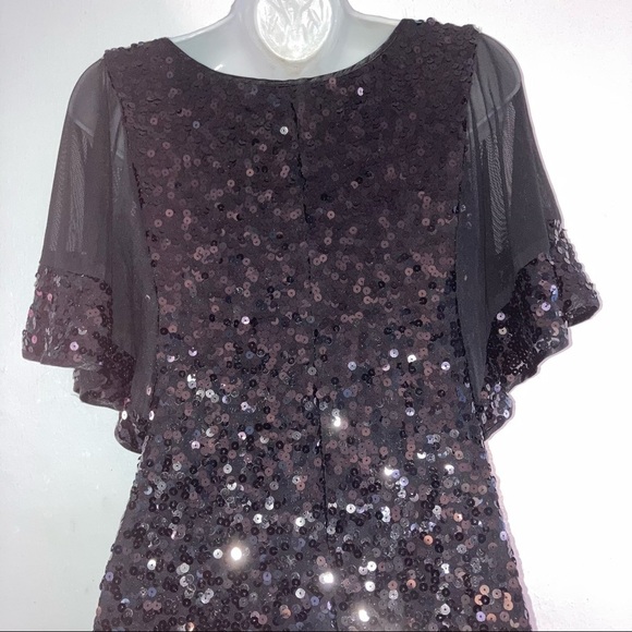 Ignite Black Sequin Stretch Sheer Flutter Short Sleeve Dress 6 - Picture 5 of 13